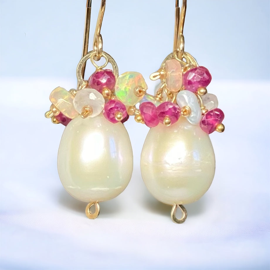 Pearl Earrings with Ruby, Opal, Keishi Pearl Clusters, Gold Fill