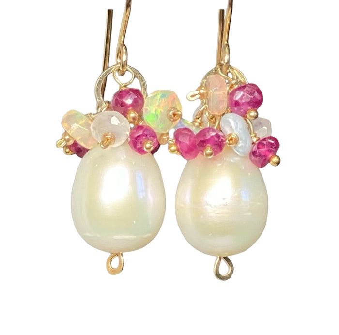 Pearl Earrings with Ruby, Opal, Keishi Pearl Clusters, Gold Fill