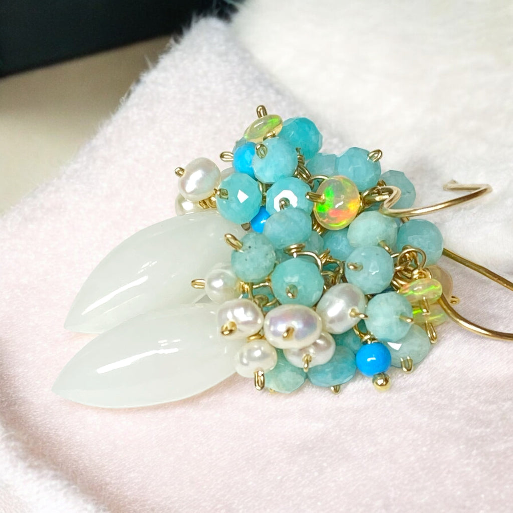 White Earrings with Amazonite Opal Pearl Clusters 2