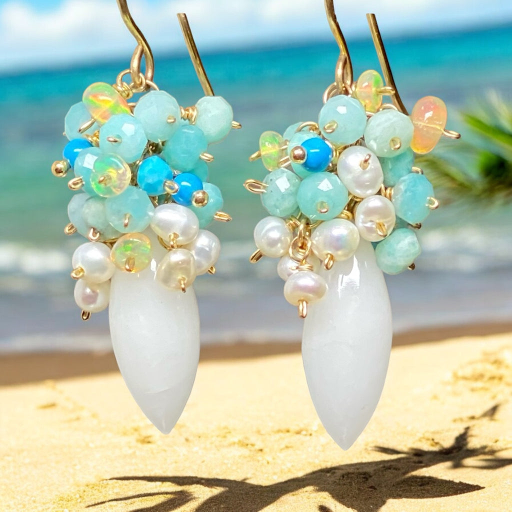 White Earrings with Amazonite Opal Pearl Clusters 2