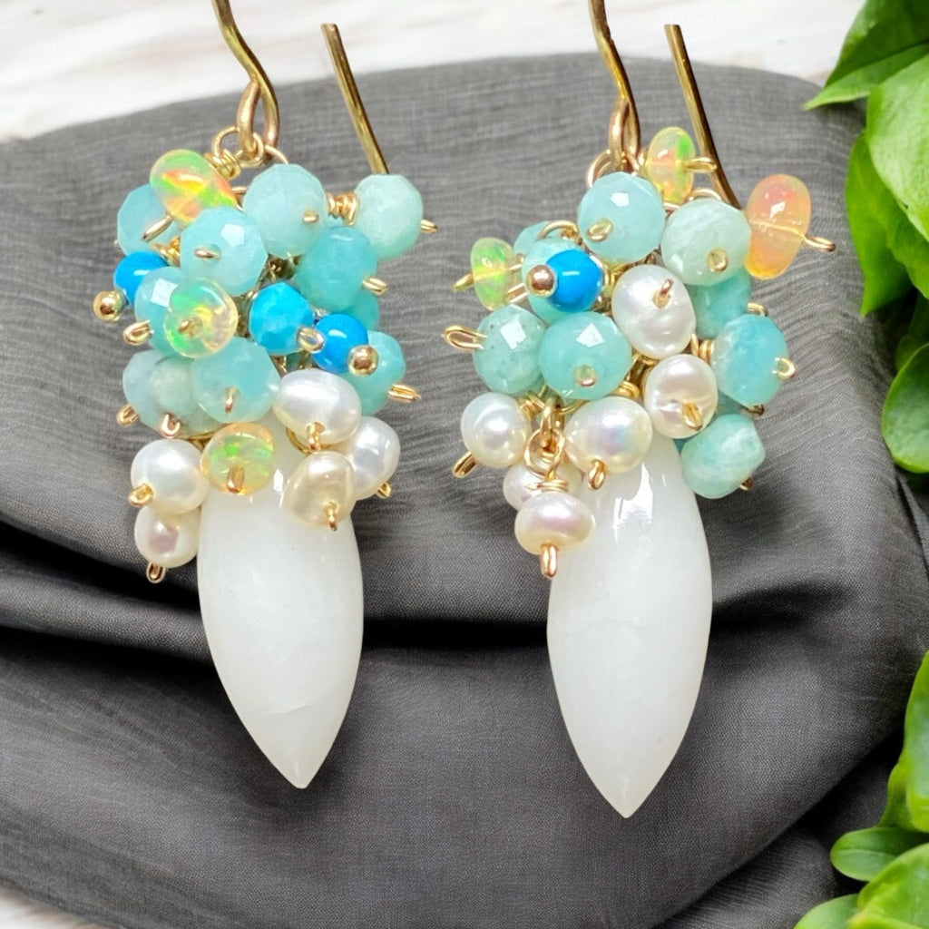 White Earrings with Amazonite Opal Pearl Clusters 2