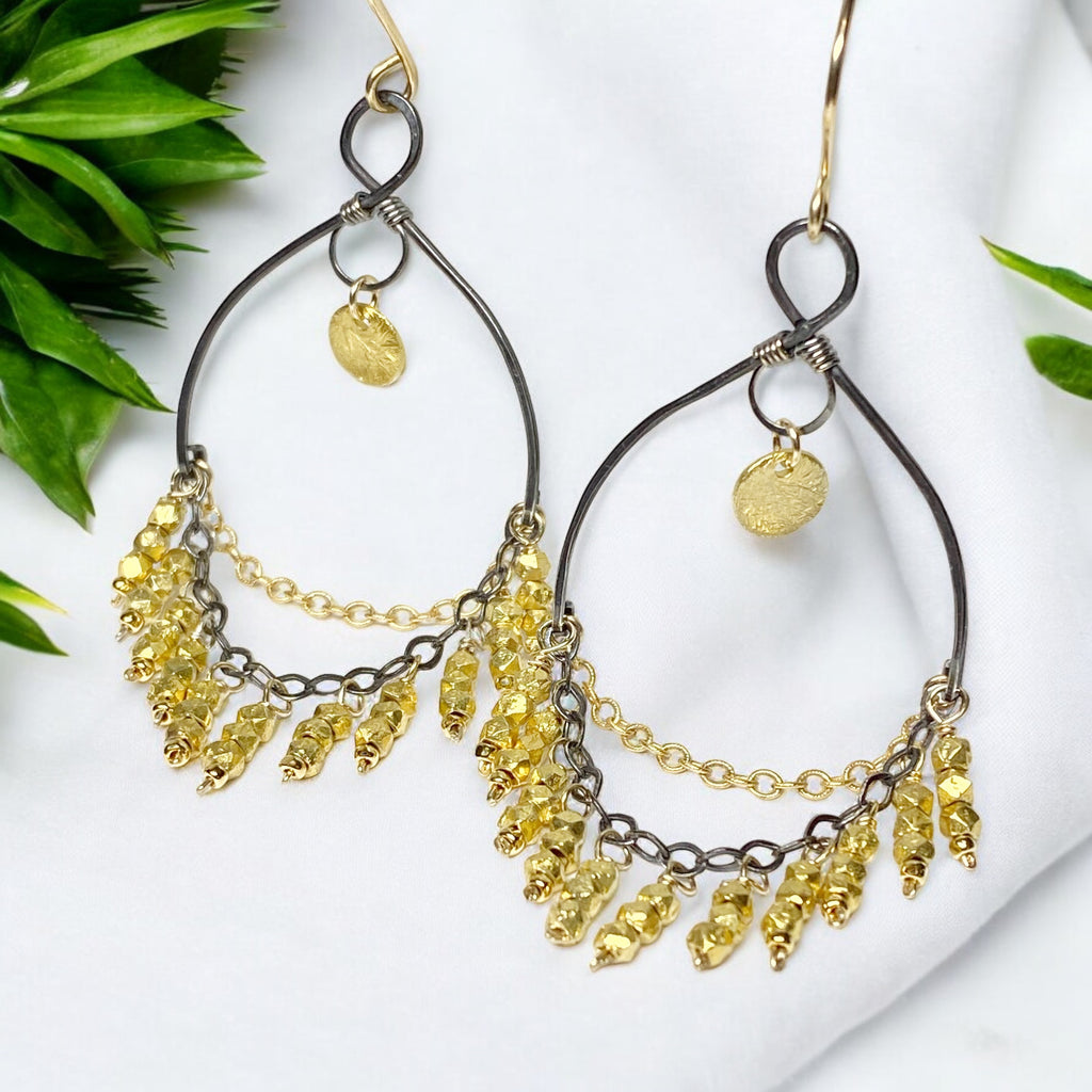 Gold and Black Chandelier Earrings in Mixed Metals