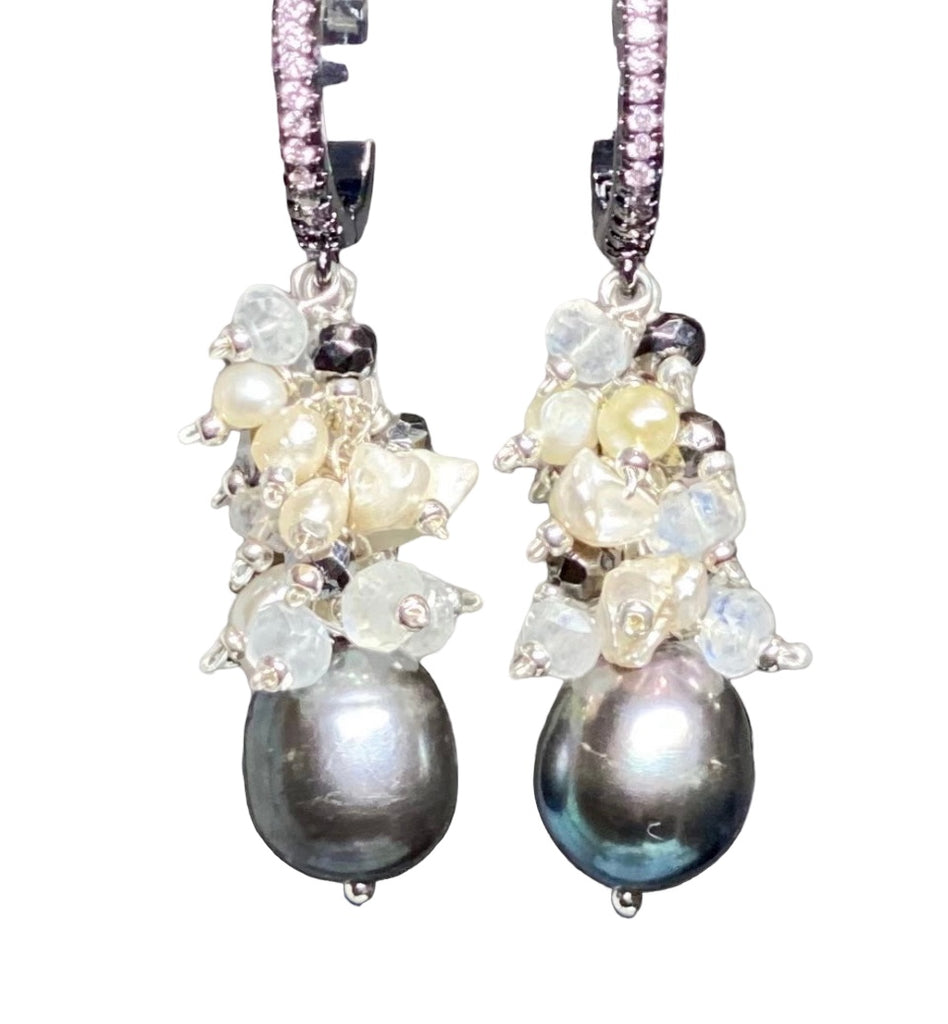 Black Grey Pearl Earrings with Moonstone Keishi Pearl and Black Sparkly Clusters