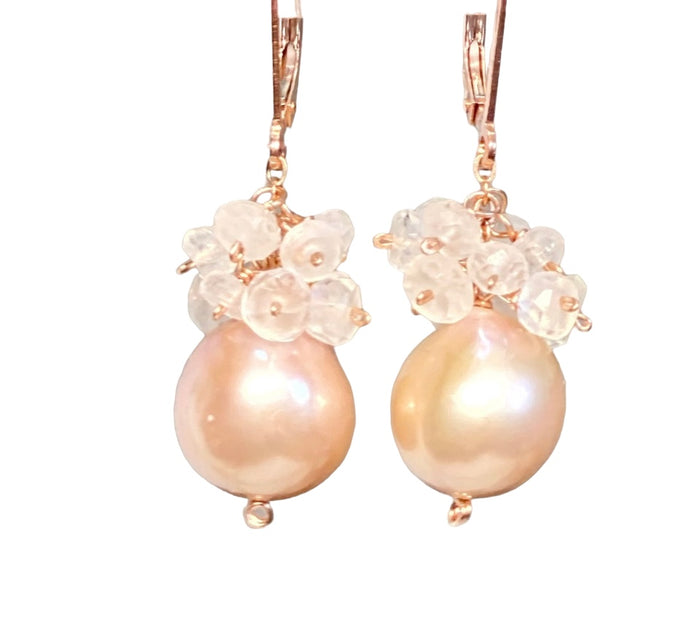 Pink Blush Pearl and Moonstone Cluster Earrings Rose Gold