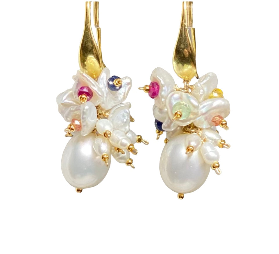 Pearl Cluster Earrings with Multicolor Sapphire Gemstone Keishi Pearls Gold Fill