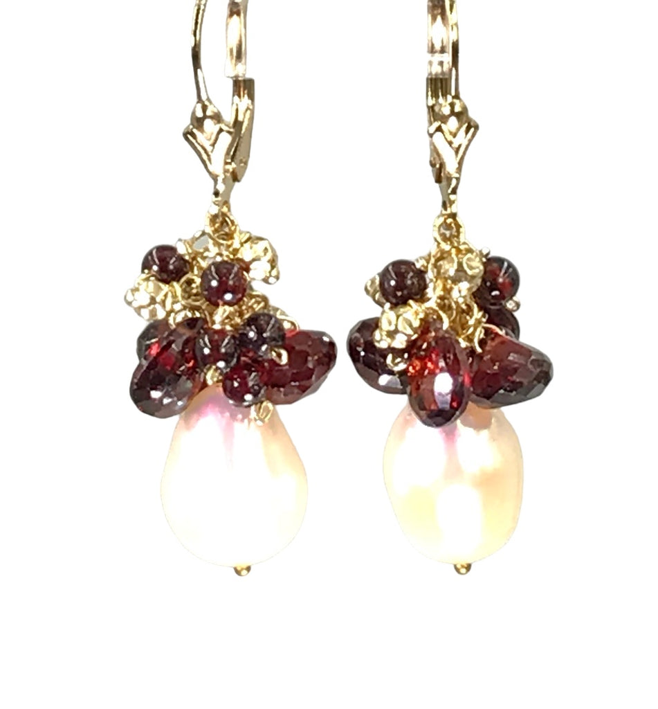 Ivory Pearl and Red Garnet Gemstone Cluster Earrings Gold Fill