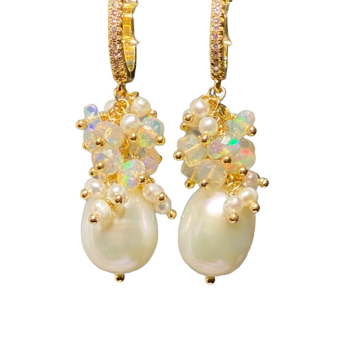 Pearl and Opal Cluster Earrings Gold