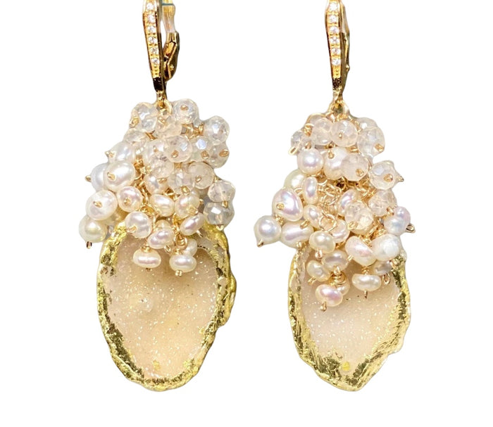Golden Tabasco Geode 24 kt Gold Leaf Earrings with Pearl and Mystic Crystal Clusters