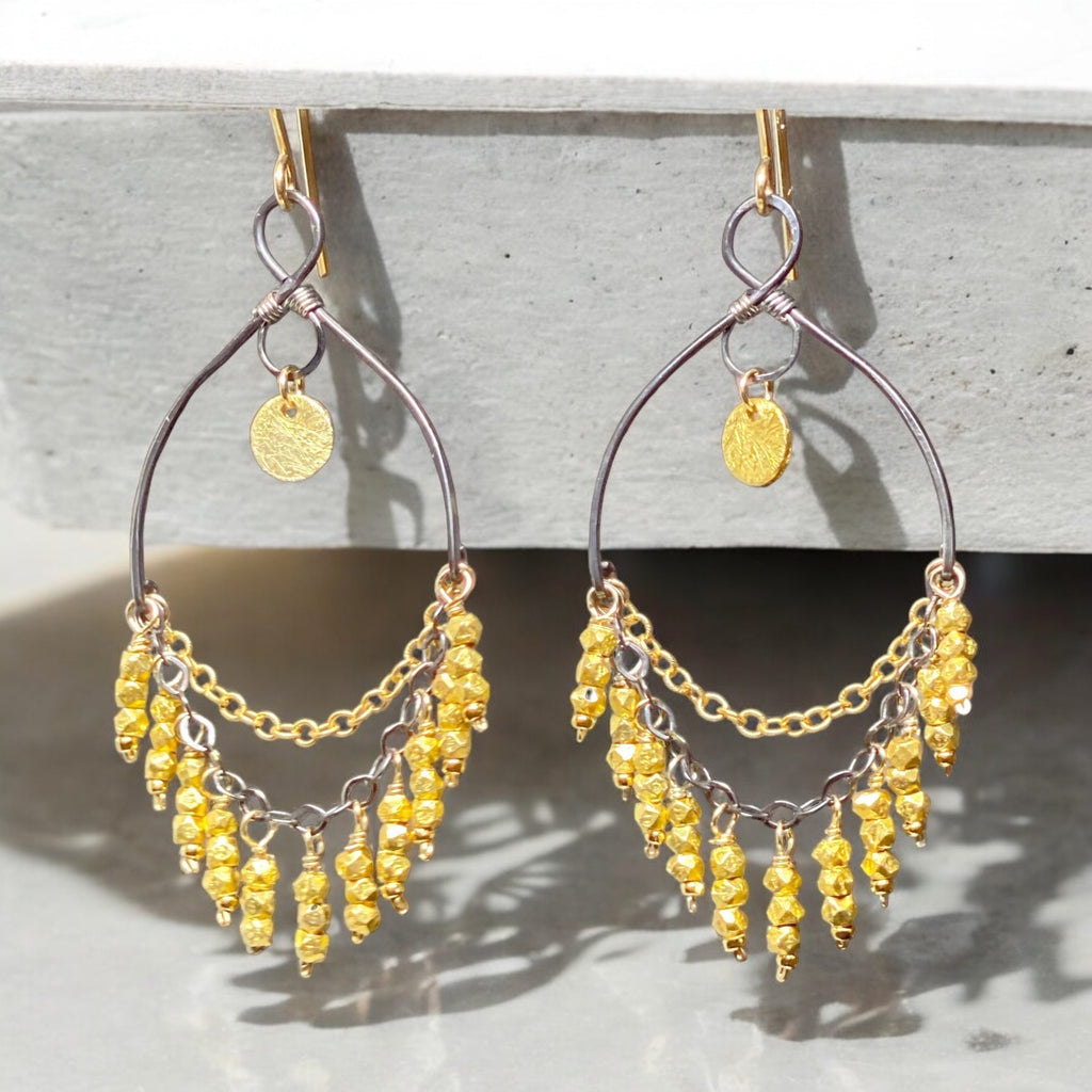 Gold and Black Chandelier Earrings in Mixed Metals