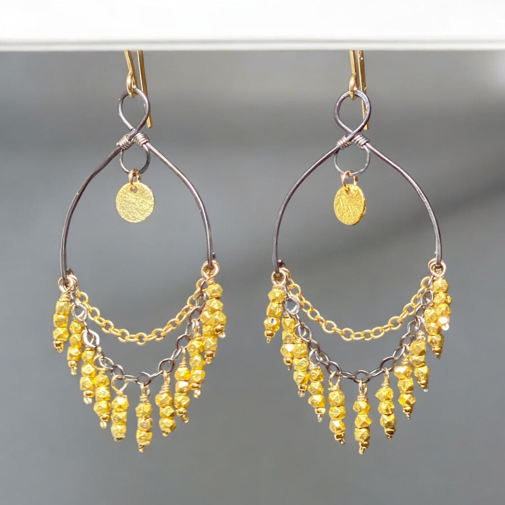 Gold and Black Chandelier Earrings in Mixed Metals