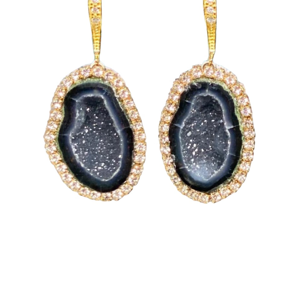 Black Tabasco Geode Druzy Diamond Look Earrings