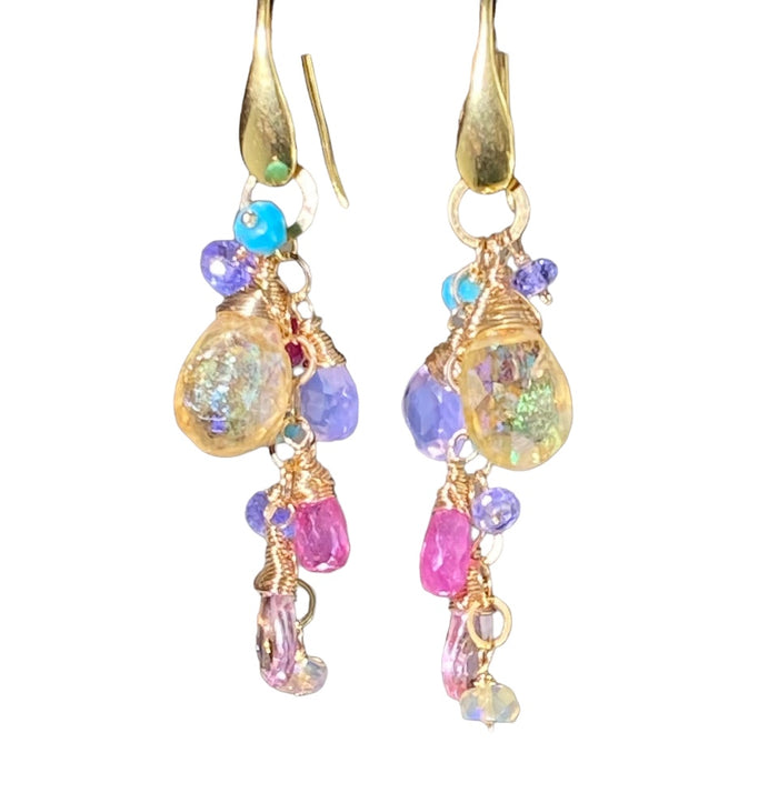 Colorful Gemstone Long Dangle Earrings Gold Mystic Citrine Lavender Opal Pink Sapphire