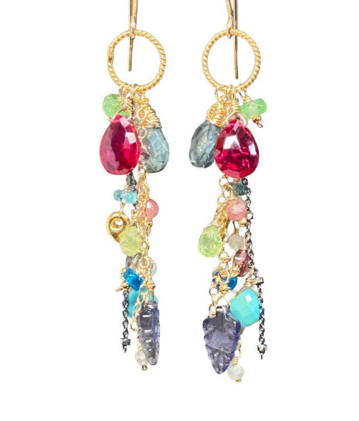 Hot Pink Topaz Colorful Gemstone Dangle Earrings Gold Fill Mixed Metal