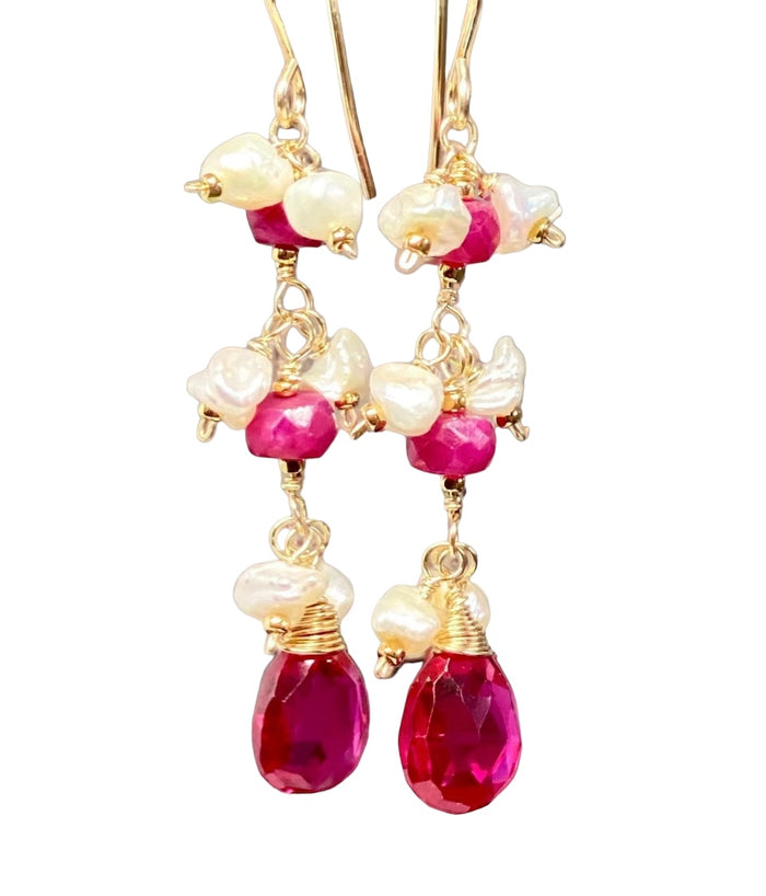 Ruby and Red Topaz Dangle Earrings with Pearls