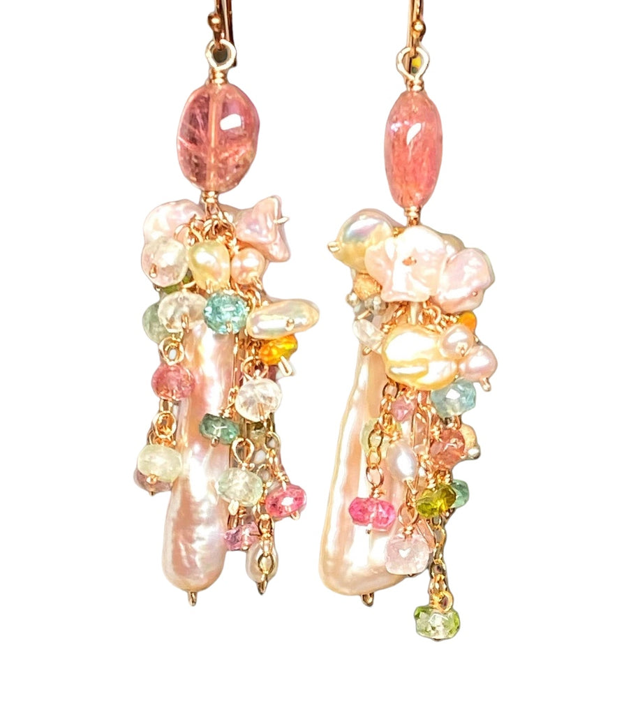 Blush Biwa Pearl Rose Gold and Tourmaline Dangle Earrings