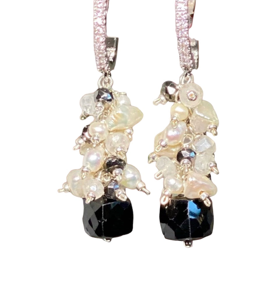 Black Spinel, Pearl and Moonstone Cluster Earrings