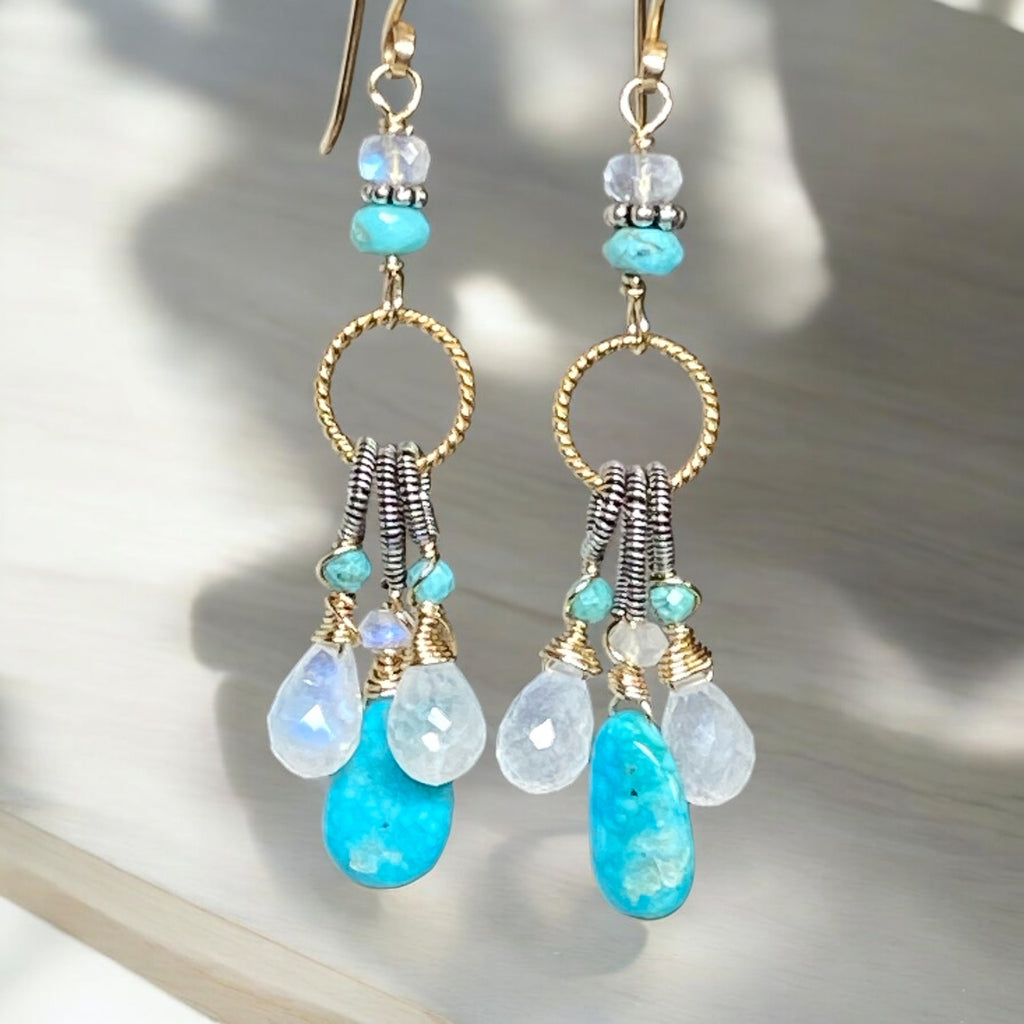 Kingman Turquoise, Rainbow Moonstone Dangle Earrings Mixed Metals, Handmade