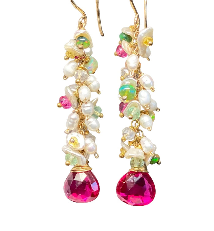 pink red topaz long dangle earrings with pearls and multicolor opals gold Fill