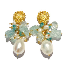 Aquamarine Gemstone Pearl Cluster Earrings Gold Post - Doolittle