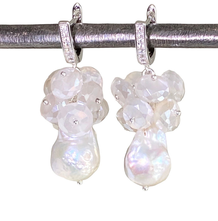 Baroque Pearl and Mystic Moonstone Sterling Silver Bridal Gemstone Cluster Earrings