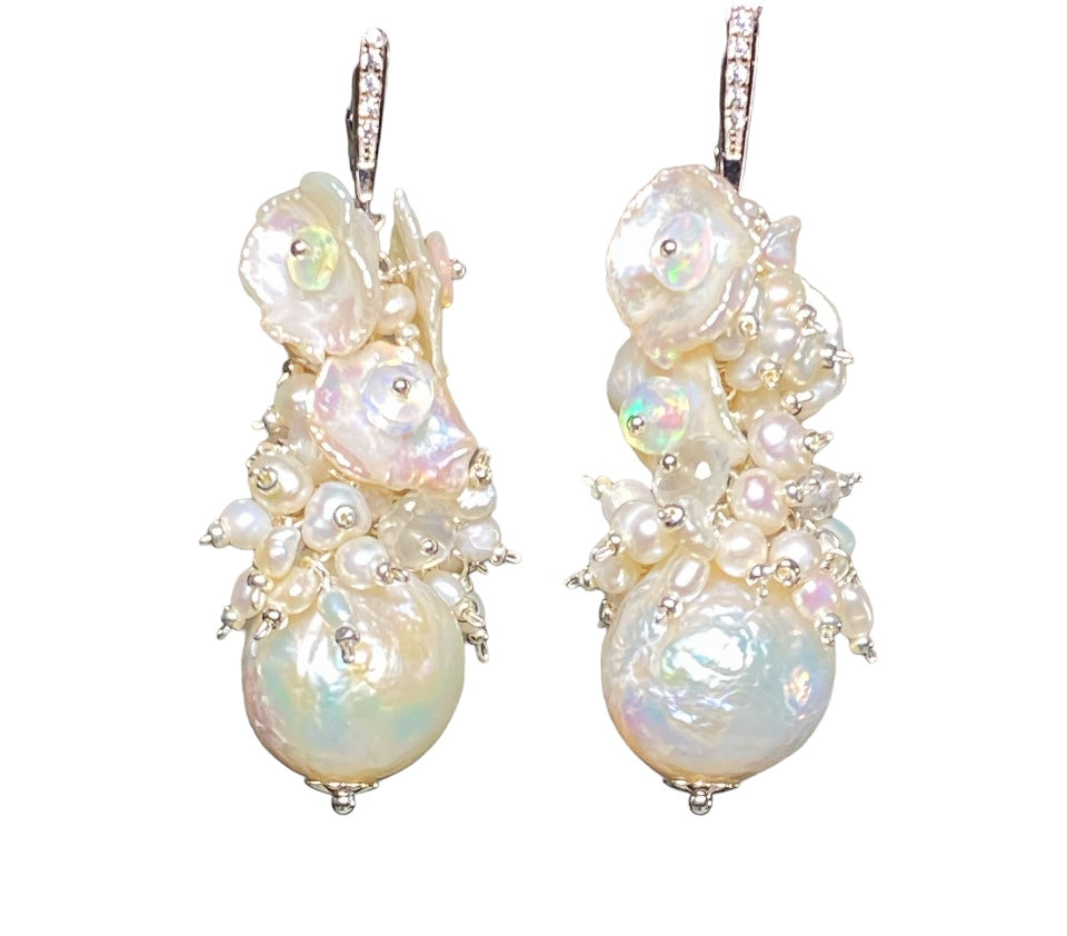Baroque Pearl Cluster Bridal Earrings White Keishi and Opal Cascade