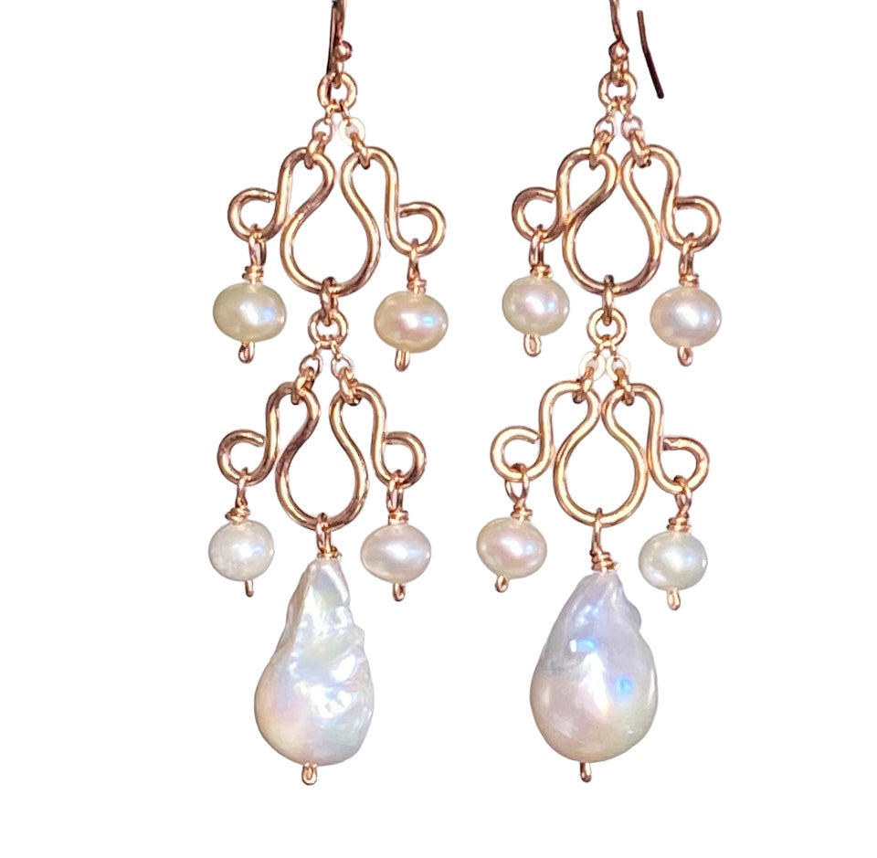 Baroque Pearl Rose Gold Chandelier Earrings