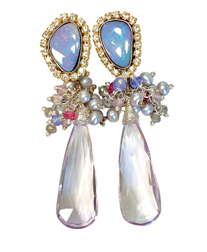 Black Boulder Opal and Diamond Look Bezel Earrings