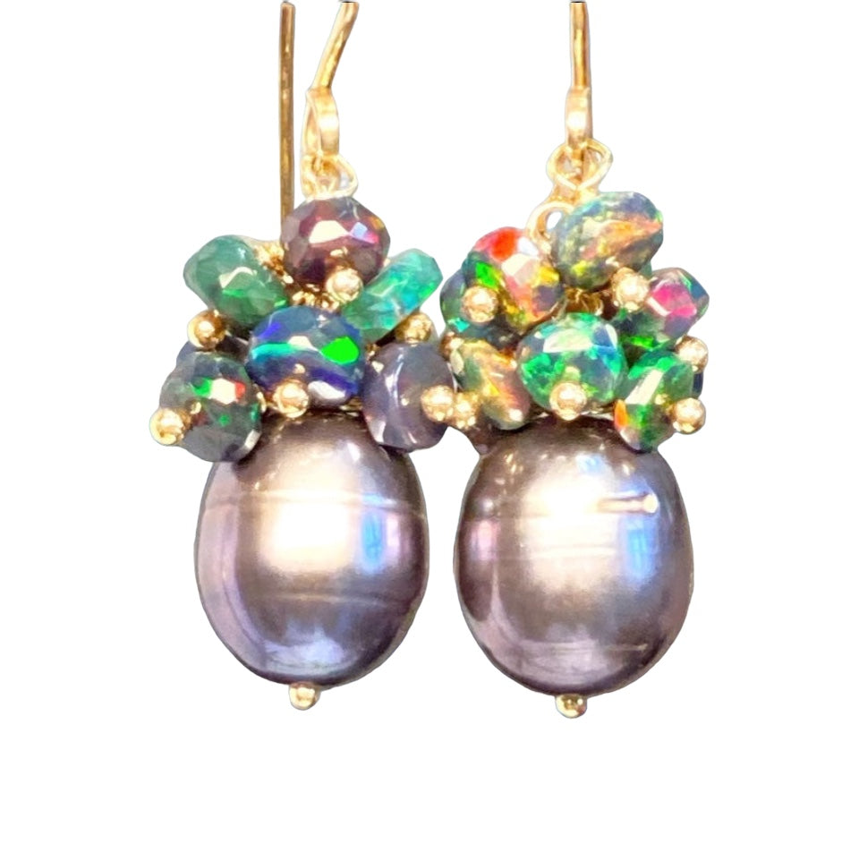 Black Grey Peacock Pearl Black Opal Cluster Earrings Gold Fill