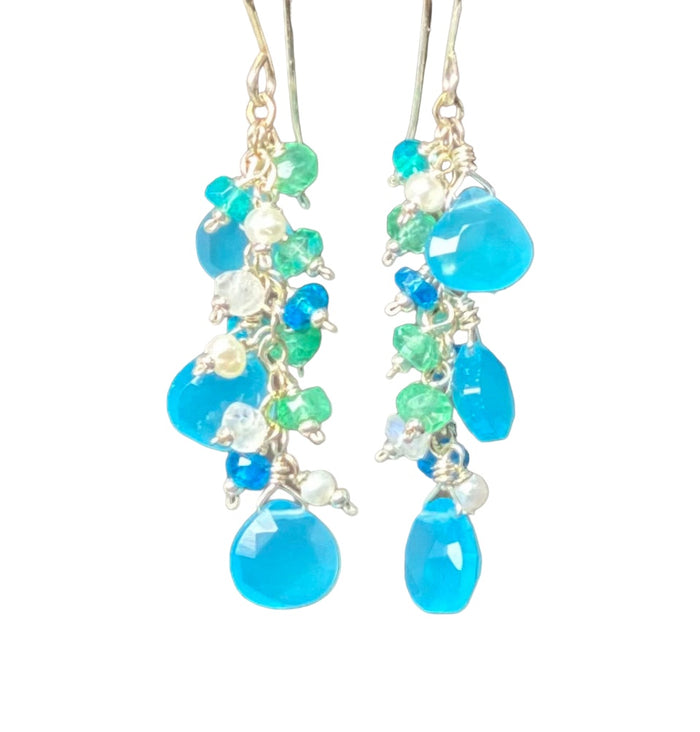 Blue Chalcedony, Moonstone, Green Topaz and Sterling Silver Dangle Earrings