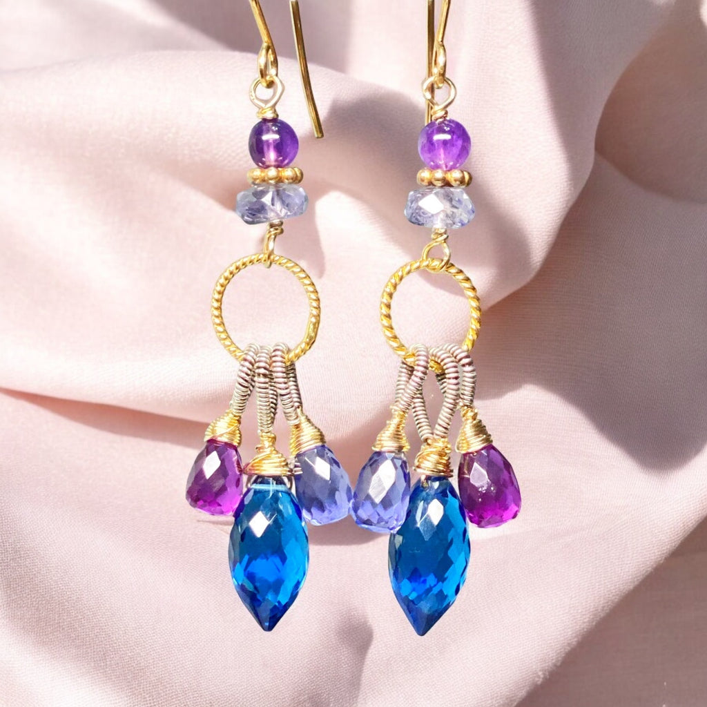 Blue, Purple Chandelier Earrings, Mixed Metals, Iolite, Amethyst, Quartz