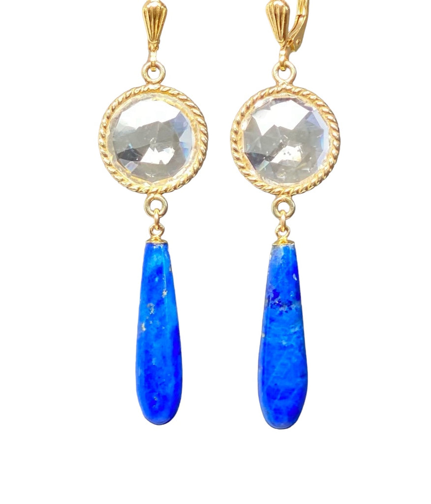 Blue Lapis Long Dangle Earrings with Crystal Quartz