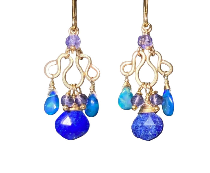 Blue Lapis, Blue Opal Chandelier Earrings Gold Fill