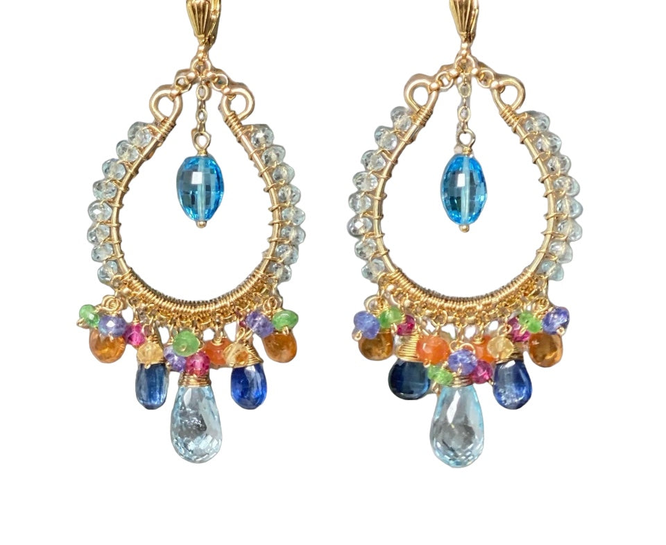 Blue Topaz Multicolor Gemstone Hoop Earrings in Gold Fill