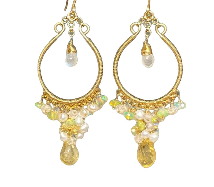 Citrine Gold Fill Hoops with Opal Pearl Moonstone Clusters