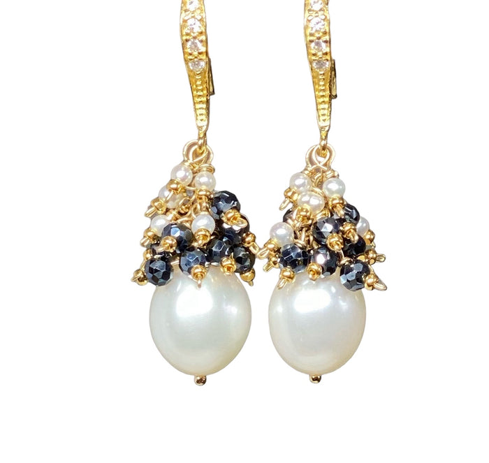 White Pearl Black Spinel Cluster Earrings Gold