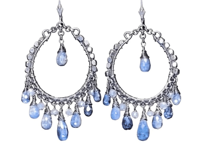 Boho Hoop Earrings Oxidized Silver Mystic Blue Kyanite Gemstones