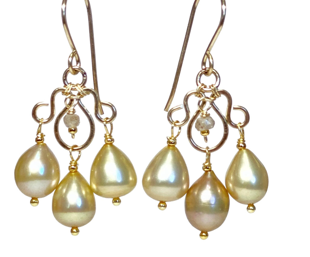 Champagne Pearl Chandelier Earrings, Gold Fill