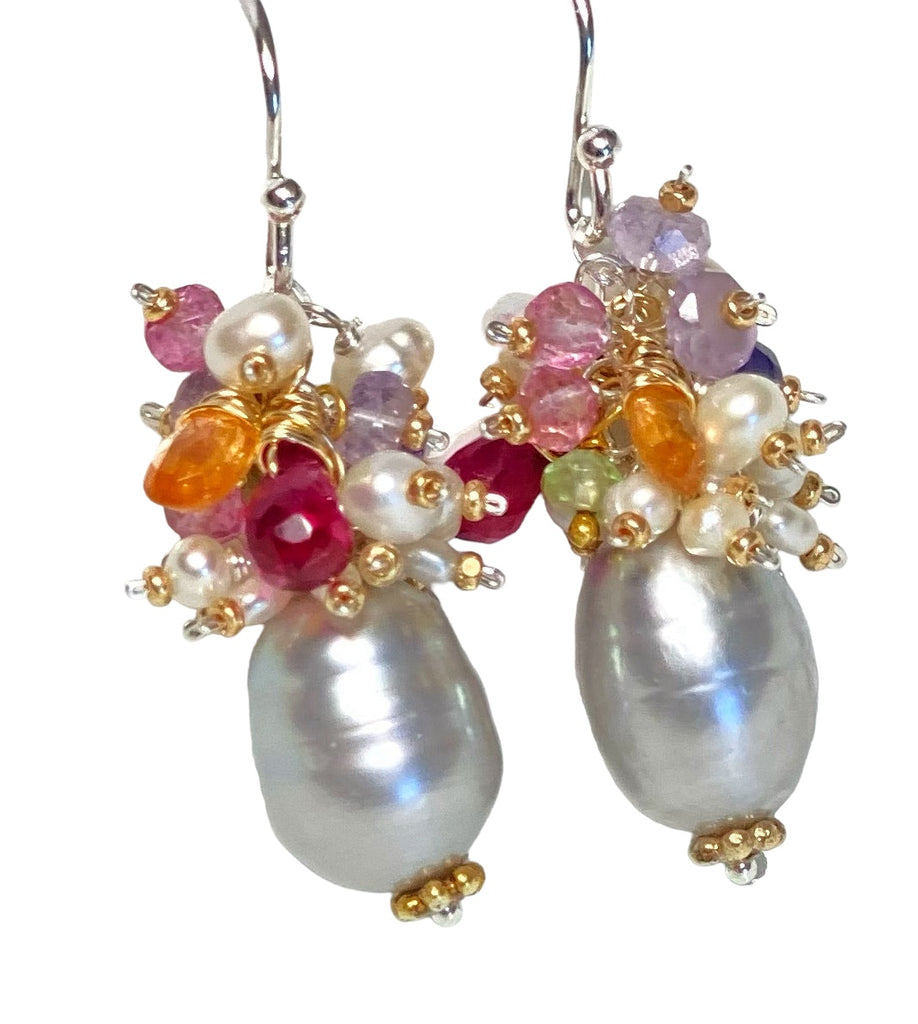 Silver Gray Platinum Baroque Pearl Gemstone Cluster Earrings Mixed Metal