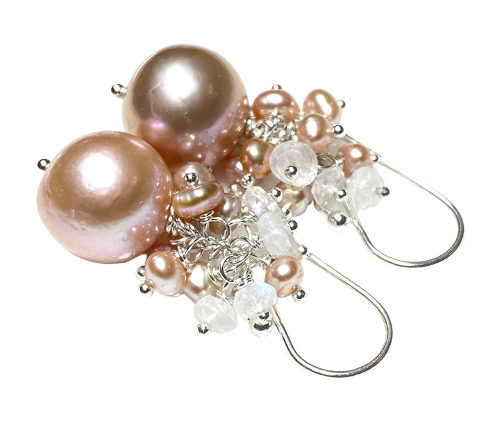 Round Pink Edison Pearl Cluster Earrings Sterling Silver