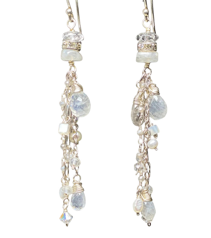 Rainbow Moonstone Long Boho Bridal Earrings with Gem Zircon and Sterling Silver