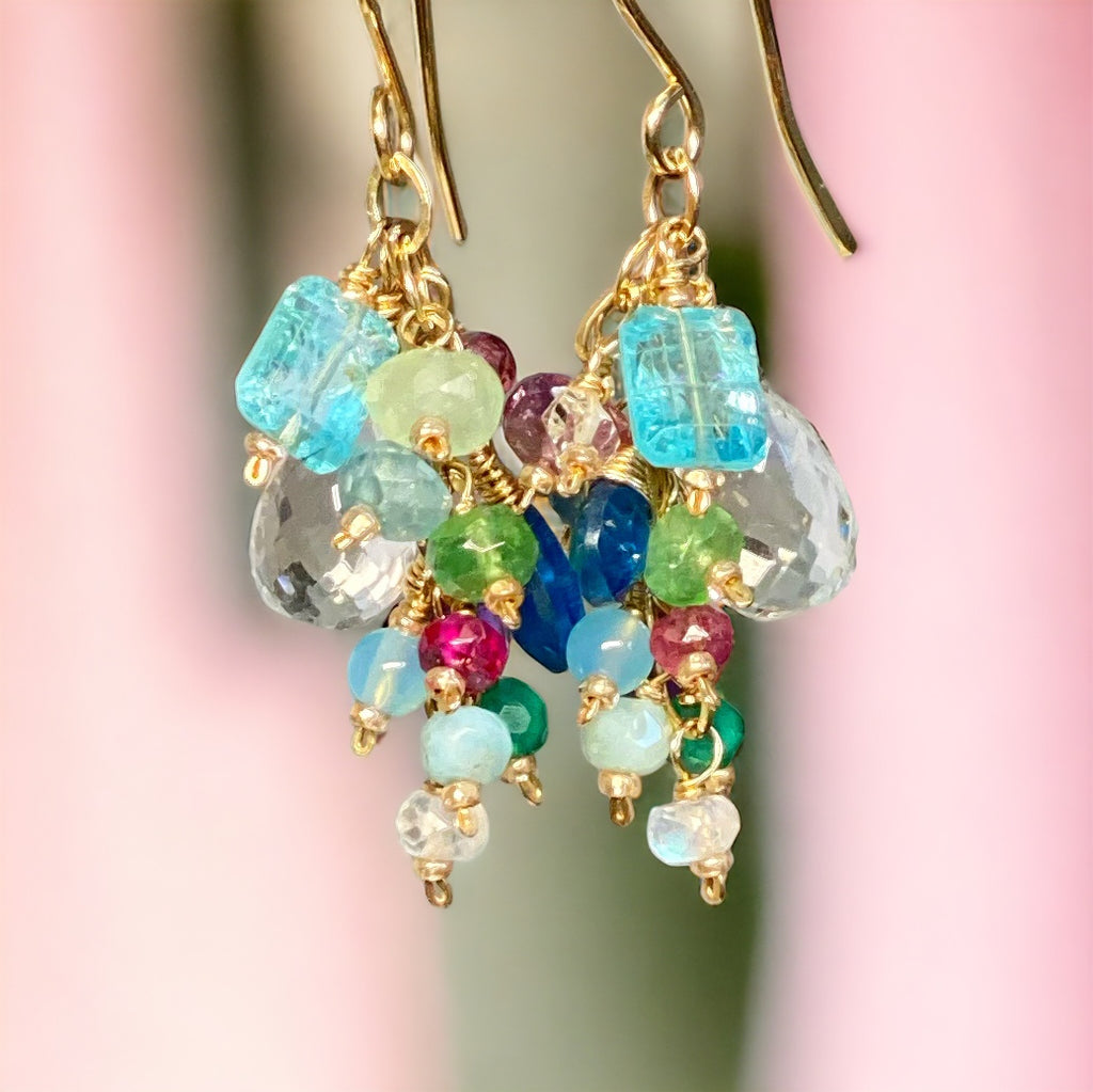 Crystal Quartz Dangle Earrings with Multi Gemstone Cluster 6