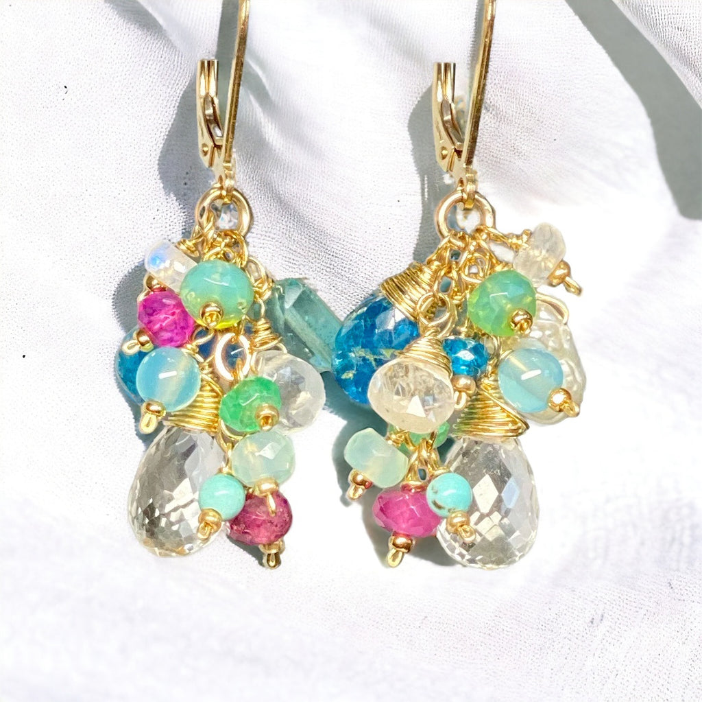 Crystal Quartz Dangle Earrings with Multi Gemstone Cluster 7