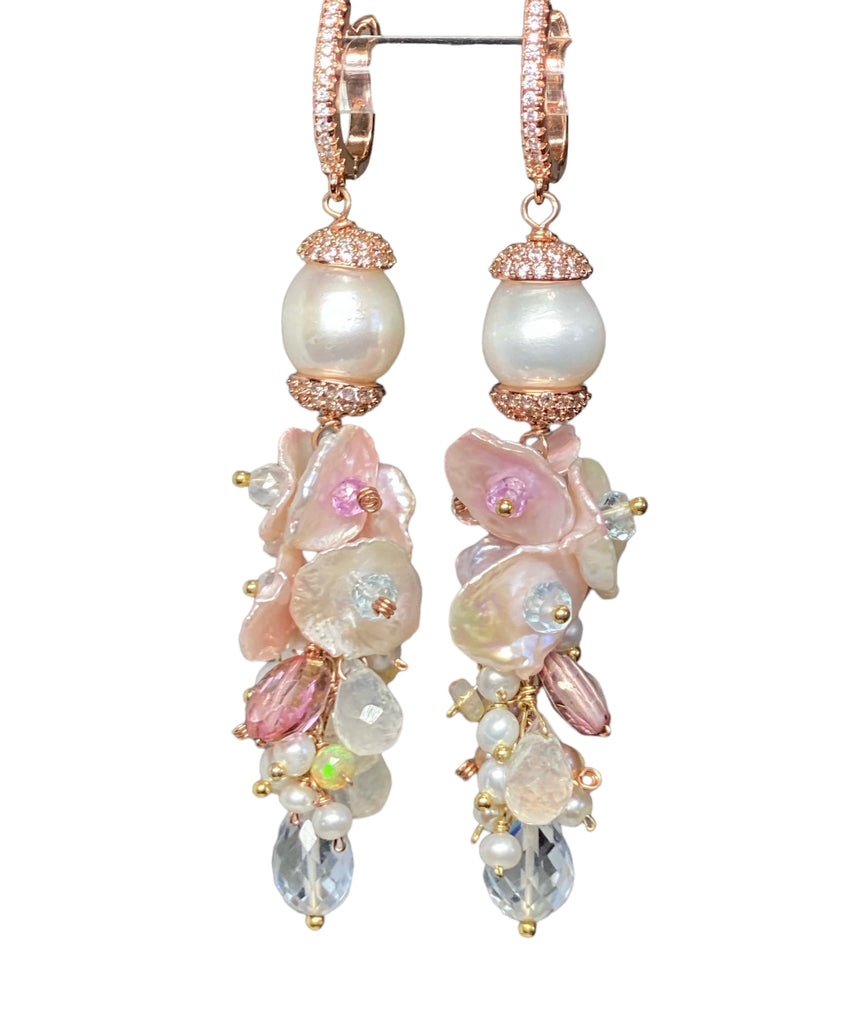 Blush Keishi Pearl Pink Topaz Ivory Pearl Rose Gold Long Dangle Bridal Earrings