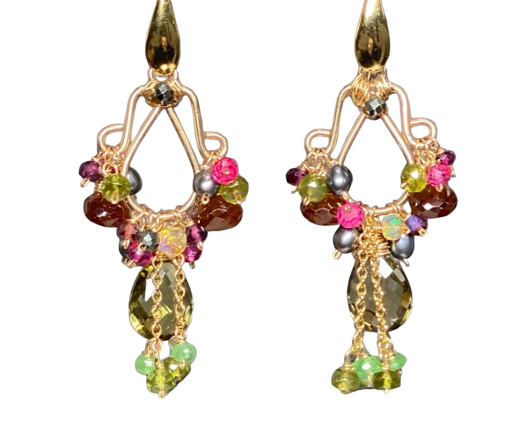 Garnet and Olive Green Gemstone Chandelier Earrings Gold