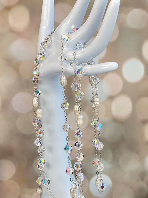 AB Crystal Pearl Long Sautoir Necklace Wire Wrapped Sterling Silver