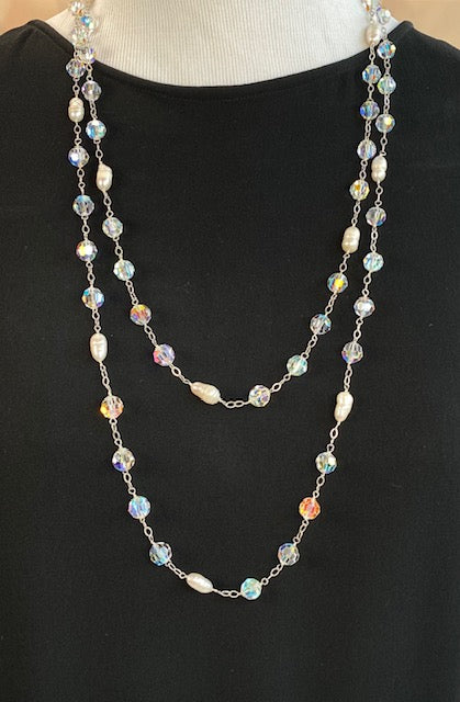 AB Crystal Pearl Long Sautoir Necklace Wire Wrapped Sterling Silver