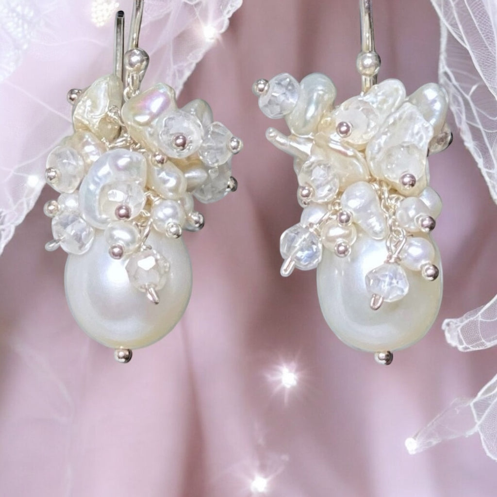Baroque Pearl Bridal Cluster Earrings Sterling Silver