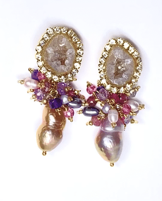 Tabasco Geode and Pink Baroque Pearl Cluster Post Earrings