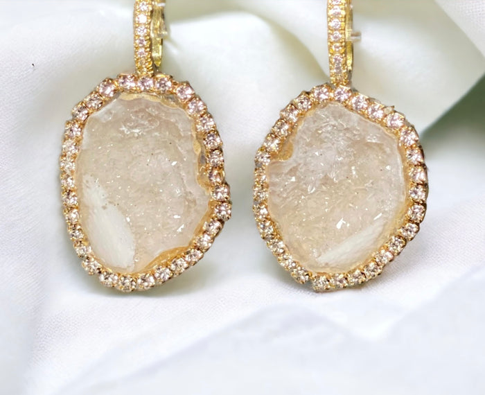 Ivory white tabasco geode earrings with Austrian crystals diamond style