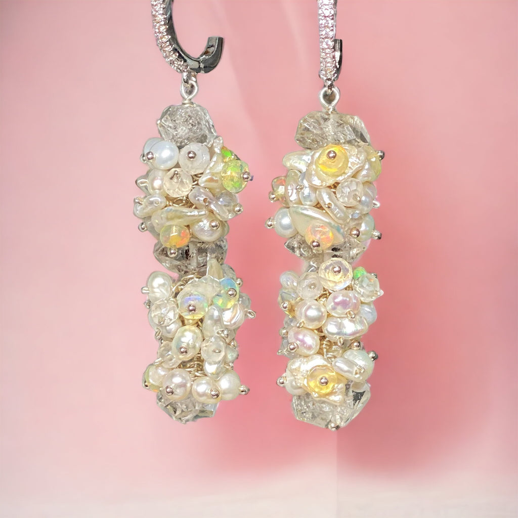 Herkimer Diamond Welo Ethiopian Opal Cluster Earrings Sterling Silver